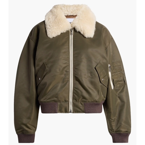 RE/DONE Shrunken Genuine Shearling Collar Water Resistant Bomber Jacket - Picture 1 of 15